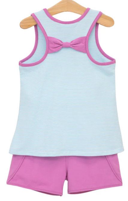 Girls JellyBean Abby Bow Back Short Set- Aqua Stripe and Fuchsia