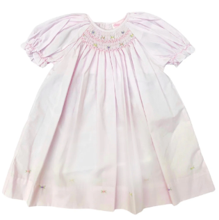 Girls' Heirloom Pink Smocked Bishop Dress with Floral Rosette Embroidery