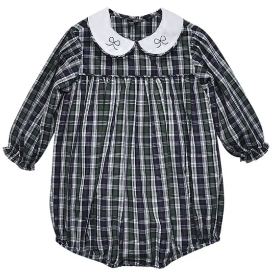 Navy Plaid Sawyer Girl Bubble- Bows