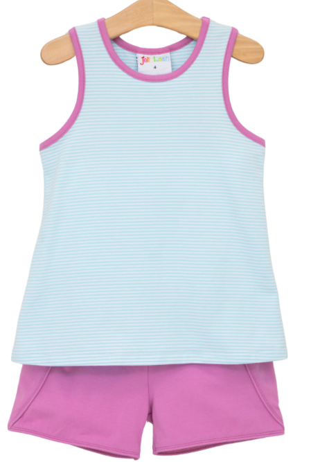Girls JellyBean Abby Bow Back Short Set- Aqua Stripe and Fuchsia